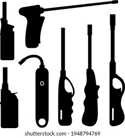 Collection of different gas lighter guns isolated on white	