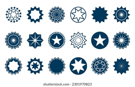 Collection Of Different Geometric Decorative Star Icons. Blue Star Symbol Vector Illustration