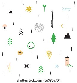 Collection of different geometric shapes, decor elements, map or plan icons.