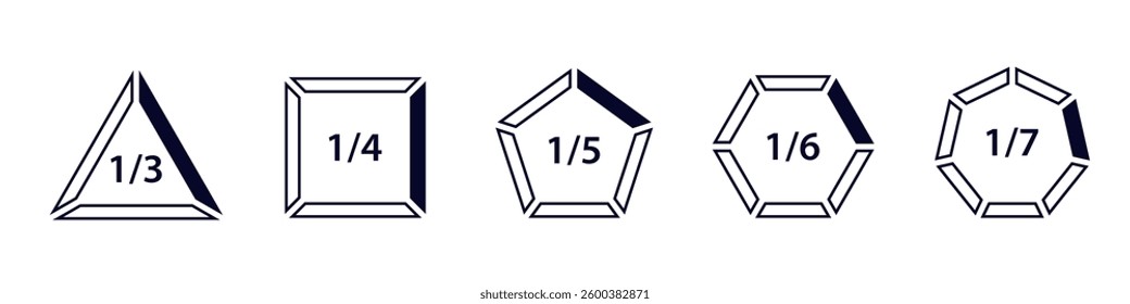 Collection of different geometric shapes, each with a fraction label, in a sleek and simple design.