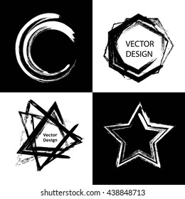 Collection of different geometric shapes for logo, label, branding. Brush abstract design elements. Triangle, star, circle, hexagon.