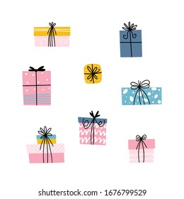 Collection of different gift boxes with bows isolated on white background. Cartoon style. Elements for greeting card in vector.