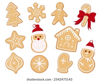 Collection of different Gingerbread Cookies. Cute illustration of decorated christmas cookies: Santa, star, snowman, tree, snowflake, mitten, house, snowflake, candy. 