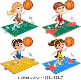 Collection of Different Girls Playing Basketball illustration