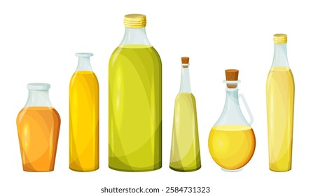 A collection of different glass bottles filled with oil in various shades of yellow and orange, arranged on a white background. Concept of cooking oils