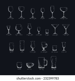 Collection of different glass glasses for different drinks, hand drawn illustration in sketch style, inverse color edition