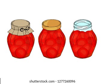 Collection of different glass jars with home made tomatoes. Hand drawn objects isolated. Vector illustration.