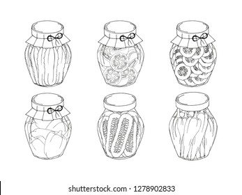Collection of different glass jars with home made vegetables. Hand drawn objects isolated. Countur. Black and white. Vector illustration.