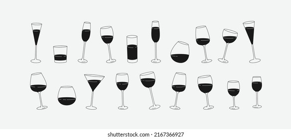 Collection of different glass and wineglass or drink cocktails. Minimal linear trendy style. Line icons for logo in restaurant or bar. Vector illustration