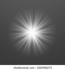 Collection of different glowing sparks, star. Set of bright white beautiful stars. Glow, radiance, glitter effect. Transparent shining sun, bright flash. Sun rays and spotlight. Vector illustration.