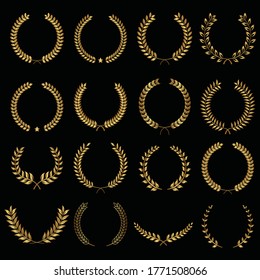 Collection of different gold circular laurel foliate and oak, wreaths depicting an award, heraldic, achievement, victory, crown, winner, ornate,Vector icon illustration.