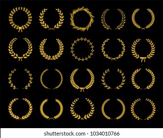 Collection of different golden silhouette circular laurel foliate, wheat and oak wreaths depicting an award, achievement, heraldry, nobility. Vector illustration.