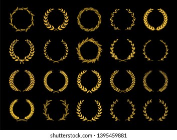 Collection of different golden silhouette circular laurel foliate, olive, wheat and oak wreaths depicting an award, achievement, heraldry, nobility. Vector illustration.