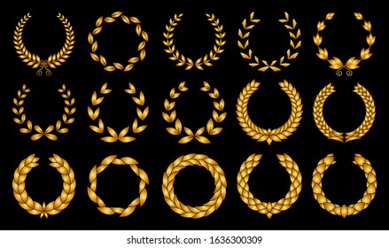 Collection of different golden silhouette circular laurel foliate, wheat and oak wreaths depicting an award, achievement, heraldry, nobility. Vector illustration.