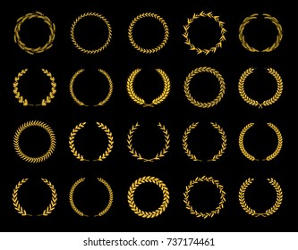 Collection of different golden silhouette circular laurel foliate, wheat and oak wreaths depicting an award, achievement, heraldry, nobility. Vector illustration.