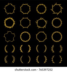 Collection of different golden silhouette circular laurel foliate, wheat, olive and oak wreaths depicting an award, achievement, heraldry, nobility. Vector illustration.