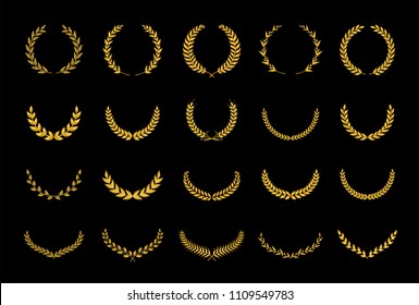 Collection of different golden silhouette laurel foliate, wheat and olive wreaths depicting an award, achievement, heraldry, nobility. Vector illustration.