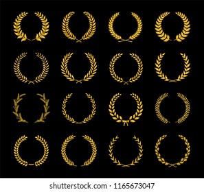 Collection of different golden silhouette laurel foliate, wheat and oak wreaths depicting an award, achievement, heraldry, nobility, game dev. Vector illustration.