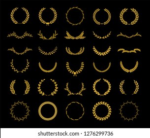 Collection of different golden silhouette laurel foliate, wheat, and oak wreaths depicting an award, achievement, heraldry, nobility, game dev. Vector illustration.