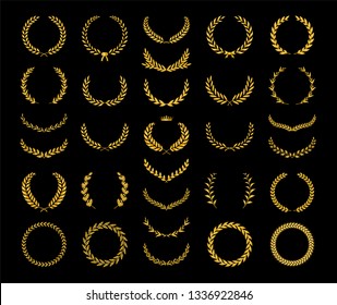 Collection of different golden silhouette laurel foliate, wheat, oak and olive wreaths depicting an award, achievement, heraldry, nobility, game dev. Vector illustration.