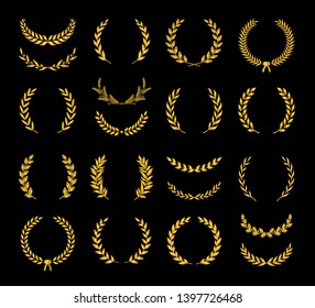 Collection of different golden silhouette laurel foliate, wheat, oak and olive wreaths depicting an award, achievement, heraldry, nobility, game dev. Vector illustration.