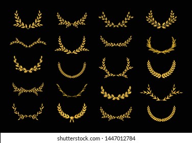 Collection of different golden silhouette laurel foliate, wheat, oak and olive wreaths depicting an award, achievement, heraldry, nobility, emblem,  game dev. Vector illustration.