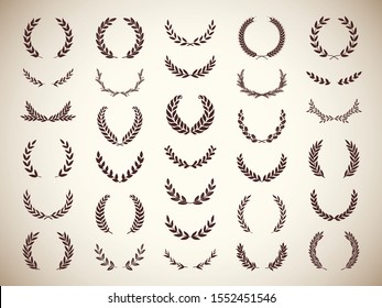 Collection of different golden silhouette laurel foliate and wheat wreaths depicting an award, achievement, heraldry, nobility, emblem. Vector illustration.