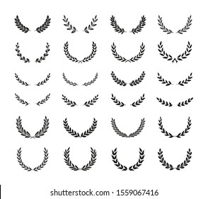 Collection of different golden silhouette laurel foliate, wheat, and olive wreaths depicting an award, achievement, heraldry, nobility, game dev. Vector illustration.