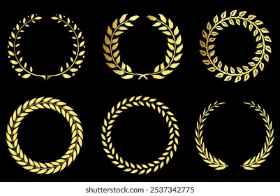 Collection of different golden silhouette laurel foliate, wheat and olive wreaths depicting an award, achievement, heraldry, nobility, game dev. Vector illustration.