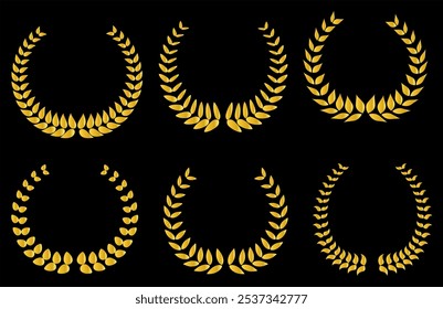 Collection of different golden silhouette laurel foliate, wheat and olive wreaths depicting an award, achievement, heraldry, nobility, game dev. Vector illustration.