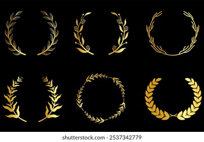 Collection of different golden silhouette laurel foliate, wheat and olive wreaths depicting an award, achievement, heraldry, nobility, game dev. Vector illustration.
