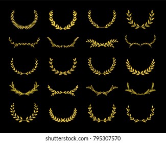 Collection of different golden silhouette laurel foliate, wheat and olive wreaths depicting an award, achievement, heraldry, nobility. Vector illustration.