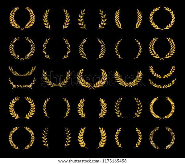 Collection of different golden\
silhouette laurel foliate, wheat and olive wreaths depicting an\
award, achievement, heraldry, nobility, game dev. Vector\
illustration.