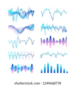 Collection of different gradient colored sound waves, audio or acoustic electronic signals isolated on white background. Bundle of music record or track visualizations. Colorful vector illustration.