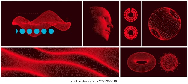 Collection of different graphic elements for design. Sphere. Digital wave with dynamic particles. Sound wave. Big data visualization. Network forming AI human face. Technology and robotics concept. 