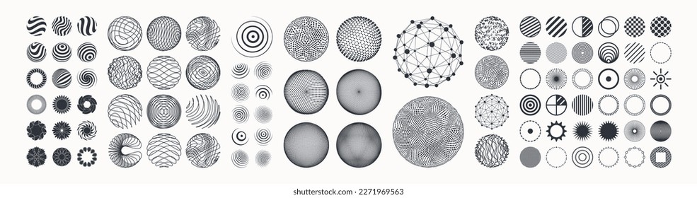 Collection of different graphic elements for design. Icon set. Spheres with lines and dots. Wifi sound signal connection or sound radio wave. 3D geometric striped rounded shape for web, mobile or ui.