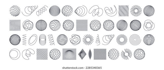 Colección de diferentes elementos gráficos para el diseño. Esferas con líneas torcidas.  Fondo abstracto con líneas onduladas. Efecto dinámico. Estilo dibujado a mano. 3d ilustración vectorial para ciencia o tecnología.