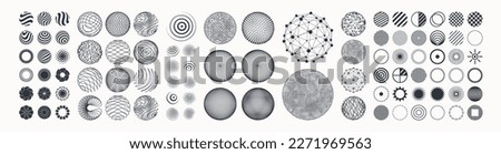 Collection of different graphic elements for design. Icon set. Spheres with lines and dots. Wifi sound signal connection or sound radio wave. 3D geometric striped rounded shape for web, mobile or ui.