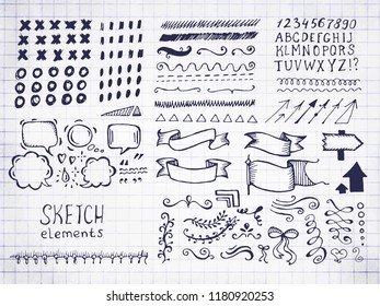 Collection of different graphic vector elements in doodle style. Hand drawn sketches of arrows, speech bubbles, alphabet, numbers, swirls, strokes and other symbols on notebook sheet