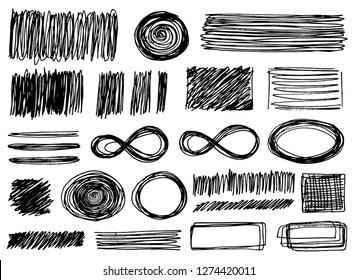 Collection of different graphic vector elements in doodle style. Hand-drawn sketches of arrows, speech bubbles, alphabet, numbers, swirls, strokes and other symbols