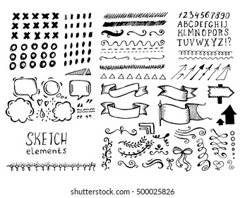 Collection of different graphic vector elements in doodle style. Hand-drawn sketches of arrows, speech bubbles, alphabet, numbers, swirls, strokes and other symbols. Hand drawn black and white set