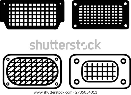 Collection of different grate or vent covers, each featuring distinct grid styles, including square, rectangular, and diagonal patterns. The designs vary in outer shape and internal perforation arrangement, presented in black silhouettes against a clean white backdrop, ideal for industrial or decorative themes.