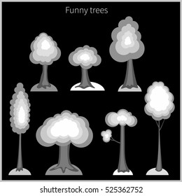 Collection of different gray cartoon trees. Vector illustration. Tree icons isolated on black background.