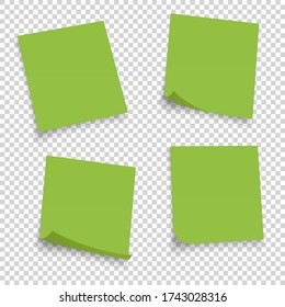 Collection of different green sheets. papers note with curled corner isolated on transperent background. Vector illustration.