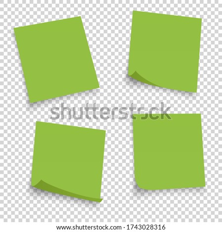 Collection of different green sheets. papers note with curled corner isolated on transperent background. Vector illustration.