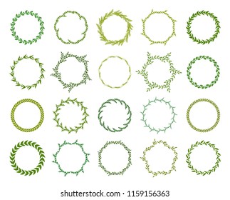 Collection of different green silhouette circular laurel foliate, wheat and olive wreaths depicting an award, achievement, heraldry, nobility. Vector illustration.