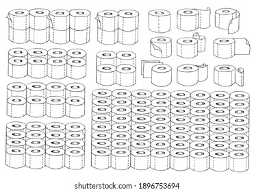 Colección de diferentes grupos de rollos de papel higiénico. Ilustración vectorial dibujada por mano