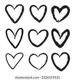 Collection of different grunge black heart illustration, Hand drawn hearts.Vector symbol icon set. illustration design.