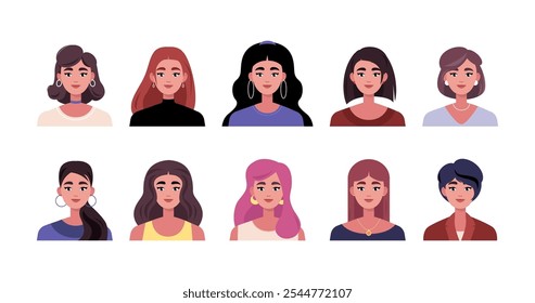 A collection of different hairstyles. Portraits of young women with various hairstyles and outfits. Vector illustration in flat style