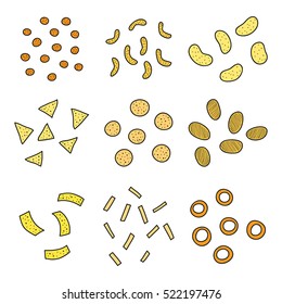 Collection of different hand drawn chips, nachos, tortillas, onion rings and snacks isolated on white background. Unhealthy food.